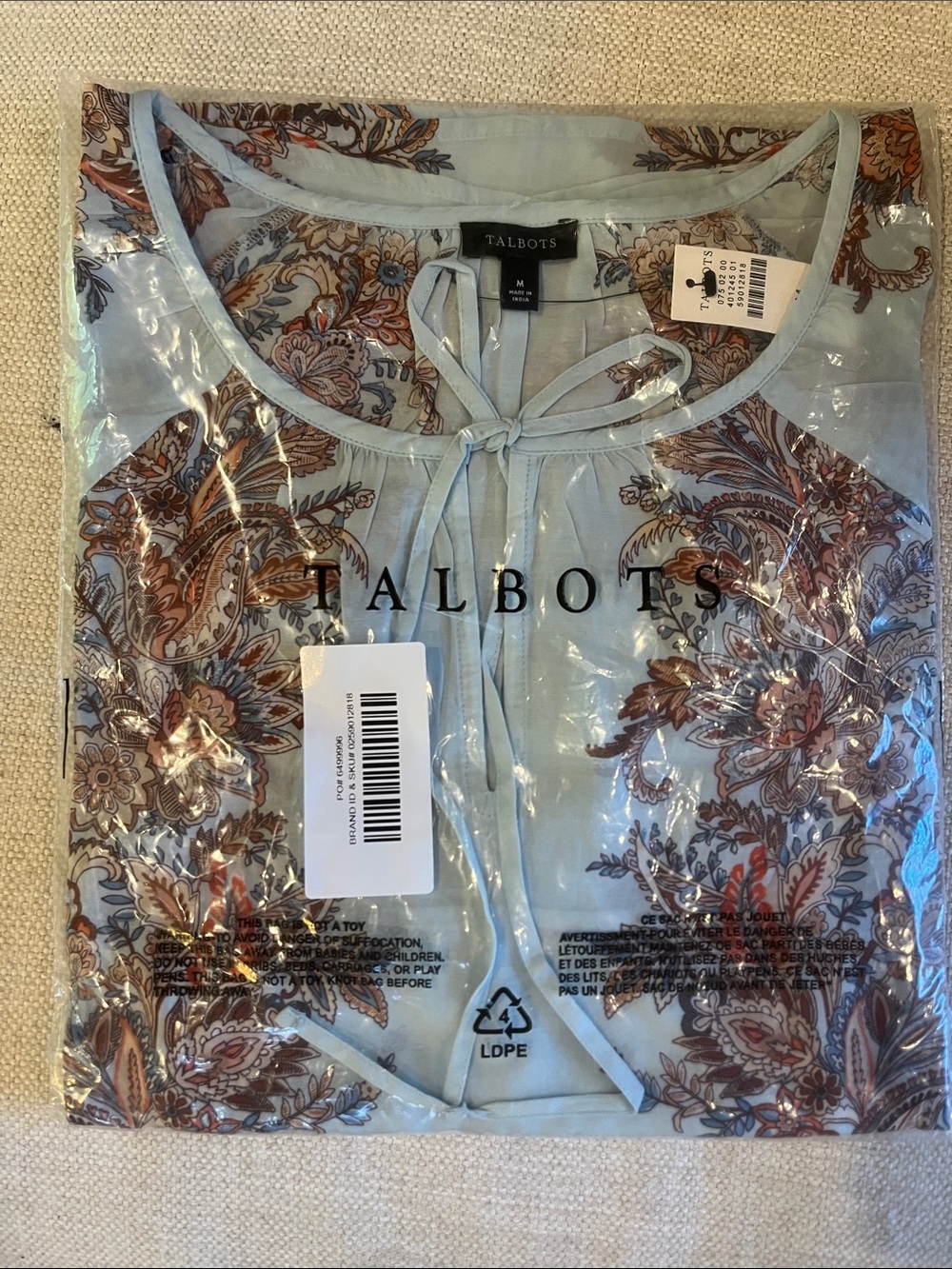 Talbots Light Blue Paisley Tie-Neck Blouse